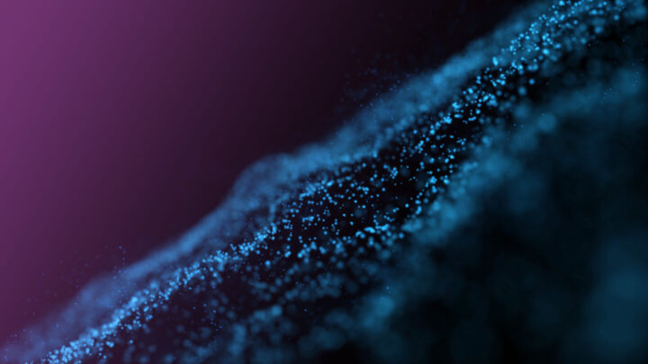 Sfondo astratto scuro con particelle luminose blu e viola